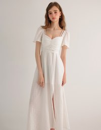 Sweetheart Puff Sleeve Ruched Bodice Check Padded Maxi Dress