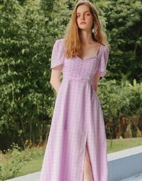 Sweetheart Puff Sleeve Ruched Bodice Check Padded Maxi Dress