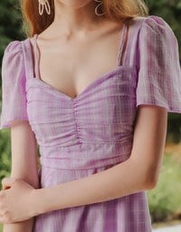 Sweetheart Puff Sleeve Ruched Bodice Check Padded Maxi Dress