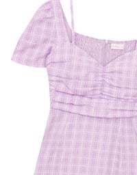 Sweetheart Puff Sleeve Ruched Bodice Check Padded Maxi Dress