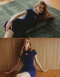 Heart Cut Out Ribbed Knit Fitted Mini Dress