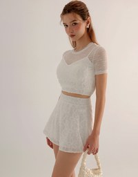 Floral Textured Spaghetti Strap Cami Padded Top with Matching High Waist Shorts Set Wear