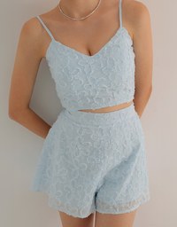 Floral Textured Spaghetti Strap Cami Padded Top with Matching High Waist Shorts Set Wear