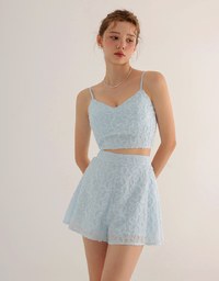 Floral Textured Spaghetti Strap Cami Padded Top with Matching High Waist Shorts Set Wear