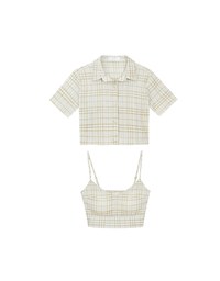 Checkered Button Up Cropped Shirt and Checkered Cami Padded Top Set Wear