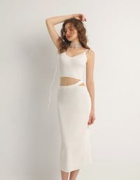 Double Shoulder Strap Ribbed Cami Top and Side Waist Cutout Knit Maxi Skirt Set Wear