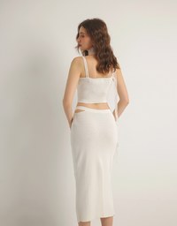 Double Shoulder Strap Ribbed Cami Top and Side Waist Cutout Knit Maxi Skirt Set Wear