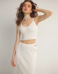 Double Shoulder Strap Ribbed Cami Top and Side Waist Cutout Knit Maxi Skirt Set Wear