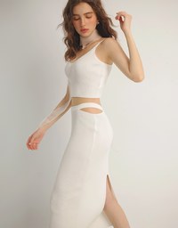 Double Shoulder Strap Ribbed Cami Top and Side Waist Cutout Knit Maxi Skirt Set Wear