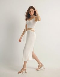 Double Shoulder Strap Ribbed Cami Top and Side Waist Cutout Knit Maxi Skirt Set Wear