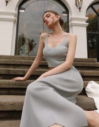 Double Shoulder Strap Ribbed Cami Top and Side Waist Cutout Knit Maxi Skirt Set Wear
