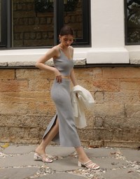 Double Shoulder Strap Ribbed Cami Top and Side Waist Cutout Knit Maxi Skirt Set Wear