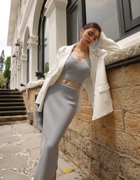 Double Shoulder Strap Ribbed Cami Top and Side Waist Cutout Knit Maxi Skirt Set Wear