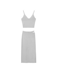 Double Shoulder Strap Ribbed Cami Top and Side Waist Cutout Knit Maxi Skirt Set Wear