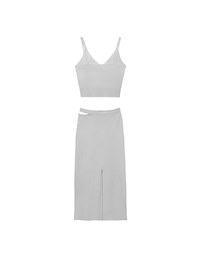 Double Shoulder Strap Ribbed Cami Top and Side Waist Cutout Knit Maxi Skirt Set Wear