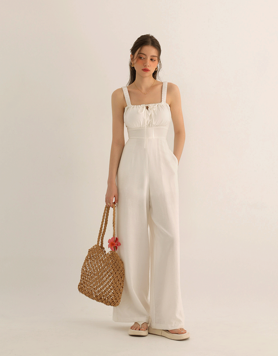 Cooling Fabric Ruched Front Wide Leg Jumpsuit with Back Cutouts Detail