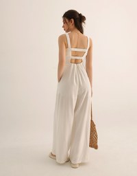 Cooling Fabric Ruched Front Wide Leg Jumpsuit with Back Cutouts Detail