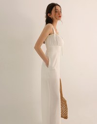 Cooling Fabric Ruched Front Wide Leg Jumpsuit with Back Cutouts Detail