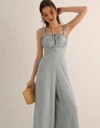 Cooling Fabric Ruched Front Wide Leg Jumpsuit with Back Cutouts Detail
