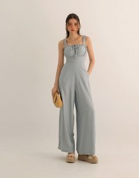 Cooling Fabric Ruched Front Wide Leg Jumpsuit with Back Cutouts Detail