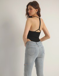 Vネックリボン付き・サイドカットアウト・オールインワン（パッド付き）