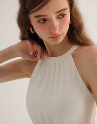 Ruched Halter Neck Wide Leg Padded Jumpsuit with Waistband Detail