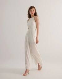 Ruched Halter Neck Wide Leg Padded Jumpsuit with Waistband Detail