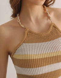 Multicolor Striped Halter Style Beaded Strap Knit Padded Cami Top