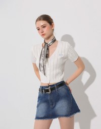 Cable Knit Cropped Cardigan Top with AIR SPACE Logo Embroidered