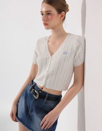 Cable Knit Cropped Cardigan Top with AIR SPACE Logo Embroidered