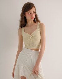 Twist Front Knit Crop Tank Top with Heart Pattern Hem Detail