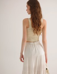 Twist Front Knit Crop Tank Top with Heart Pattern Hem Detail