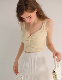 Twist Front Knit Crop Tank Top with Heart Pattern Hem Detail