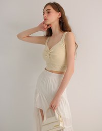 Twist Front Knit Crop Tank Top with Heart Pattern Hem Detail