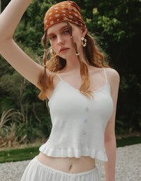 Ruffle Hem Knit Crop Cami Padded Top with Floral Buttons