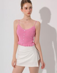 Ruffle Hem Knit Crop Cami Padded Top with Floral Buttons