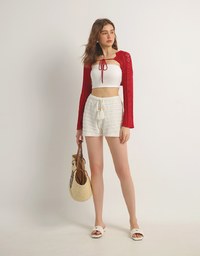 Open Knit Crop Cardigan with Heart Cut Outs Design