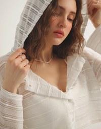 Openwork Stripe Sheer Knit Button Front Hoodie Cardigan