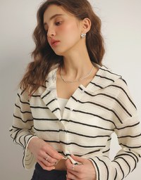Openwork Stripe Sheer Knit Button Front Hoodie Cardigan