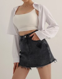 Heart Distressed Jeans Denim Mini Skirt with Raw Edge