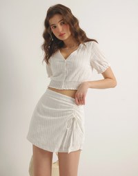 Textured Stripe Ruched Side Drawstring Mini Skorts