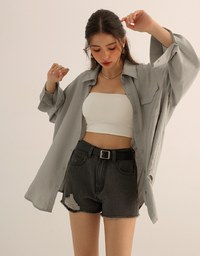 Cooling Fabric Lightweight Oversized Blouse with Pocket Detail