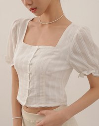Textured Stripe Puff Sleeve Cropped Top with Decorative Buttons