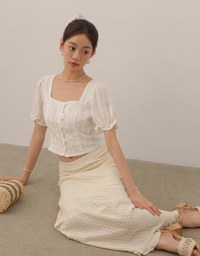 Textured Stripe Puff Sleeve Cropped Top with Decorative Buttons