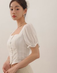 Textured Stripe Puff Sleeve Cropped Top with Decorative Buttons