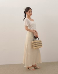 Textured Stripe Puff Sleeve Cropped Top with Decorative Buttons