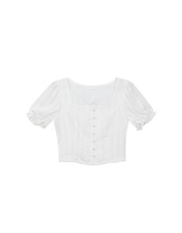 Textured Stripe Puff Sleeve Cropped Top with Decorative Buttons