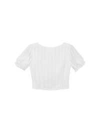 Textured Stripe Puff Sleeve Cropped Top with Decorative Buttons