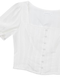 Textured Stripe Puff Sleeve Cropped Top with Decorative Buttons