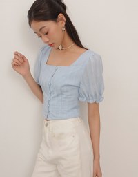 Textured Stripe Puff Sleeve Cropped Top with Decorative Buttons